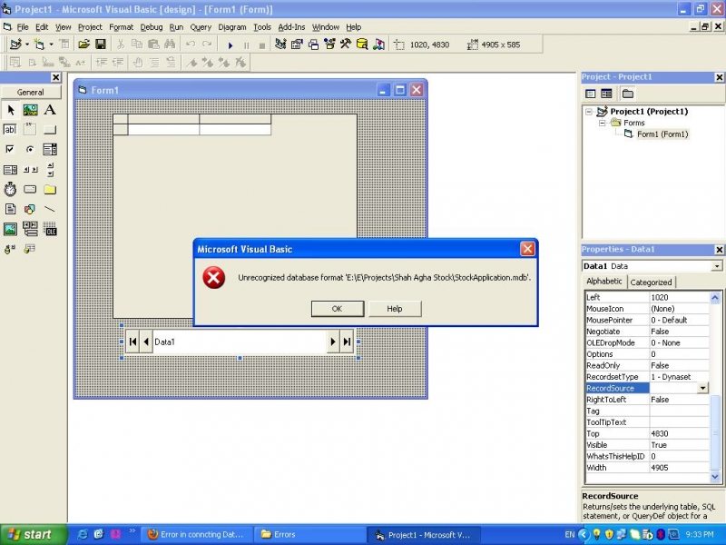 Error in Connecting Access 2003 with Data1 Control in VB6